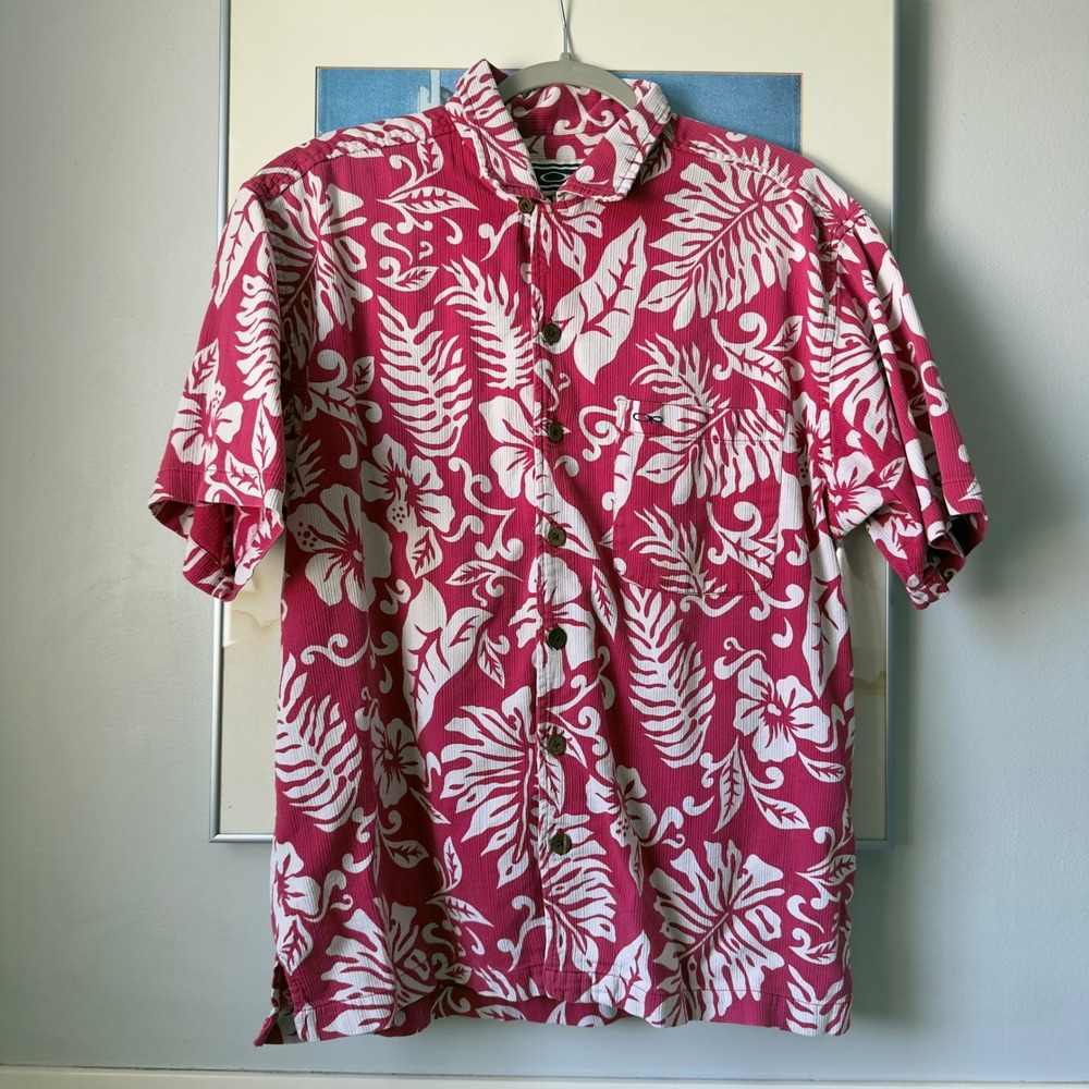 Vintage Ocean Pacific OP Loop Collar Hibiscus Corduroy Shirt Pink Mens M